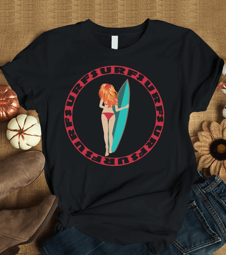 Surf Surfer Girl Red Bikini Ginger Hair Oval T-Shirt
