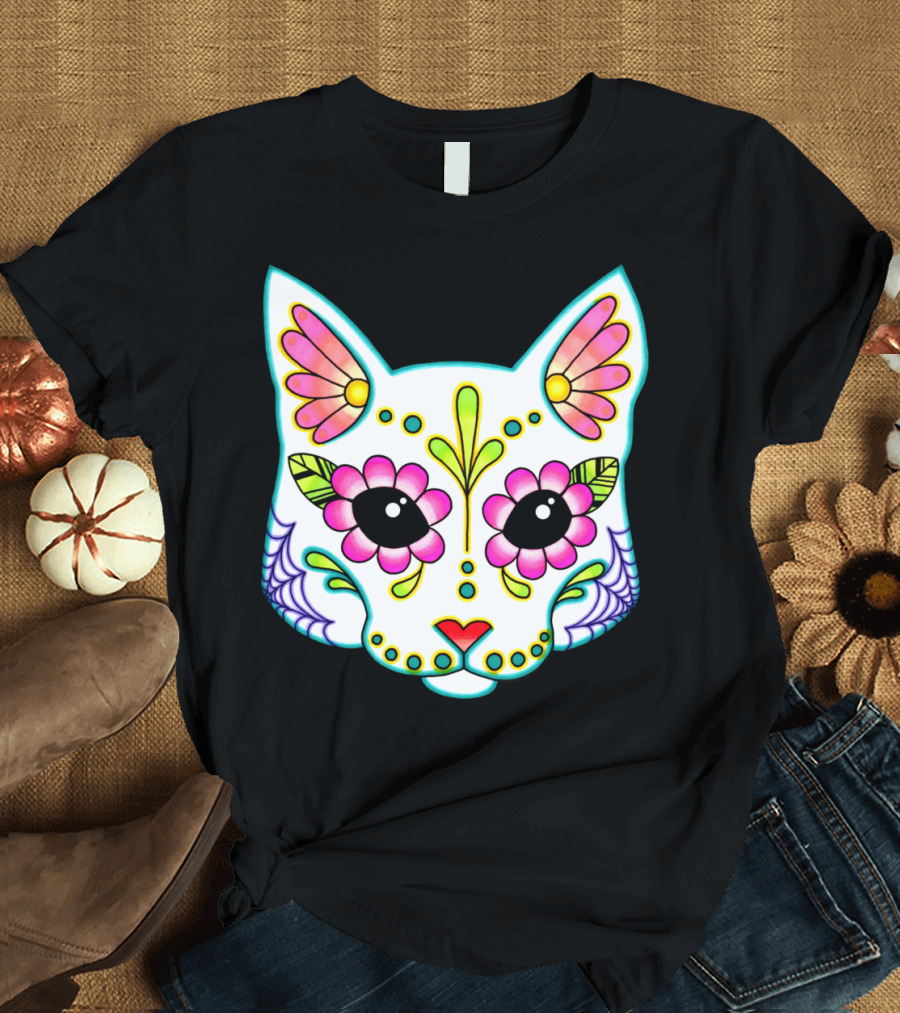 Day of the Dead White Cat Sugar Skull T-Shirt
