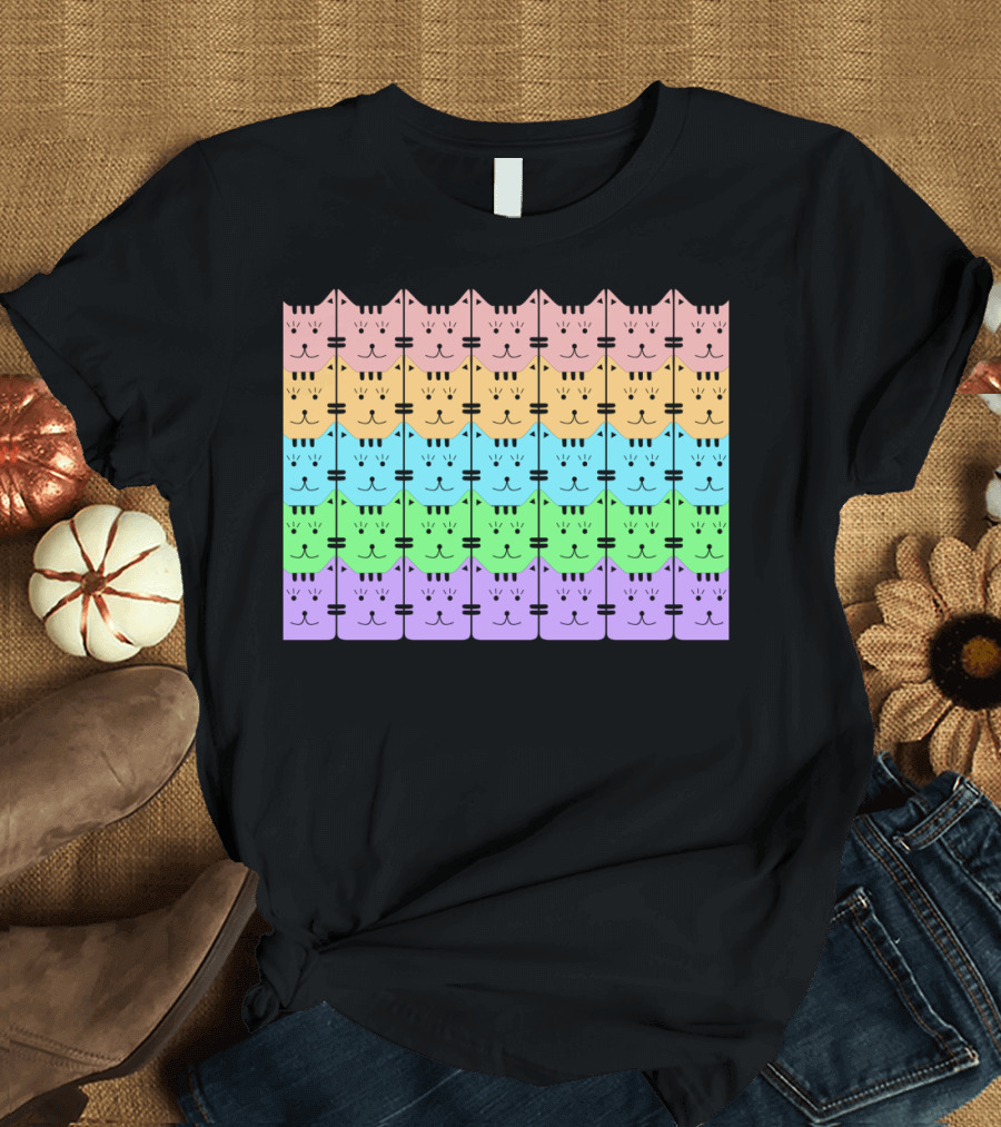 Colorful Cat Lover Pattern Rainbow Faces T-Shirt