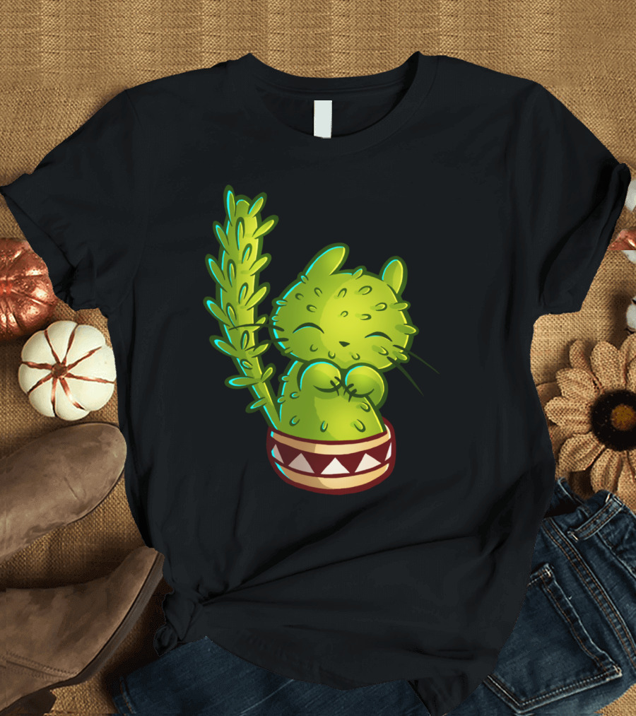 Cat Ti Can Be Shy Cactus Kitty in Pot T-Shirt