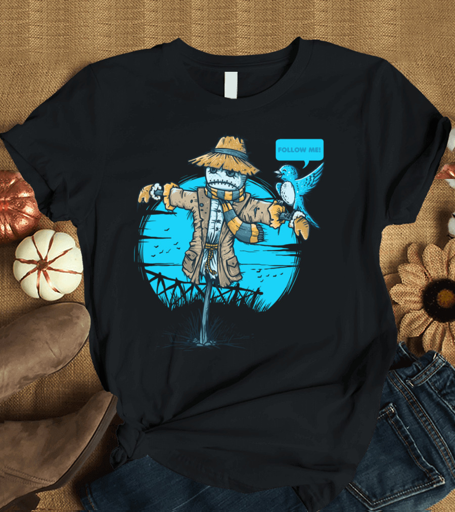 Social Bird Follow Me Scarecrow and Bluebird Scene T-Shirt