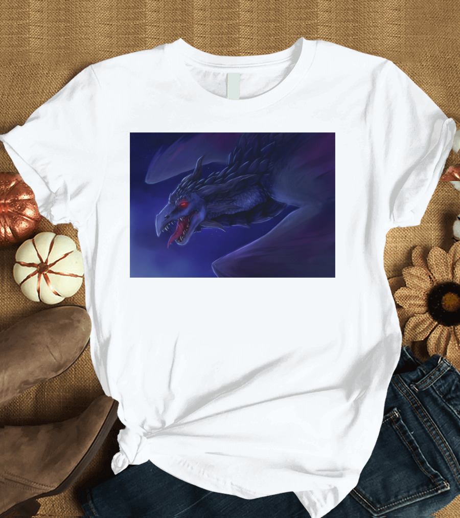Dragon of Darkness with Glowing Red Eyes in Night Sky T-Shirt