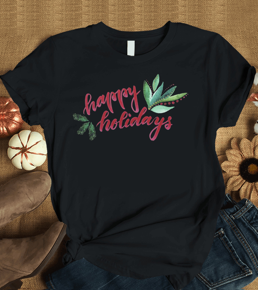 Happy Holidays Festive Red and Green Leaves T-Shirt