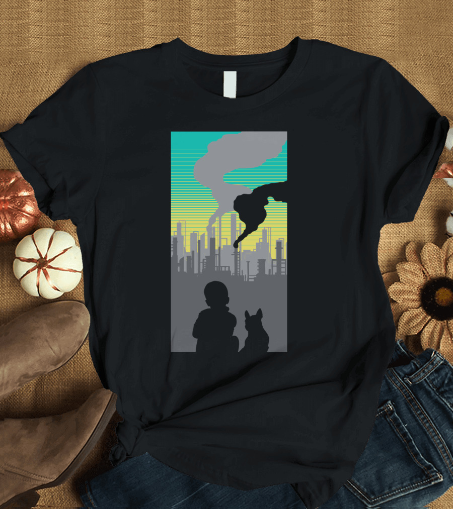 Perspective City Silhouette with Child and Dog Observing Factory Skyline T-Shirt