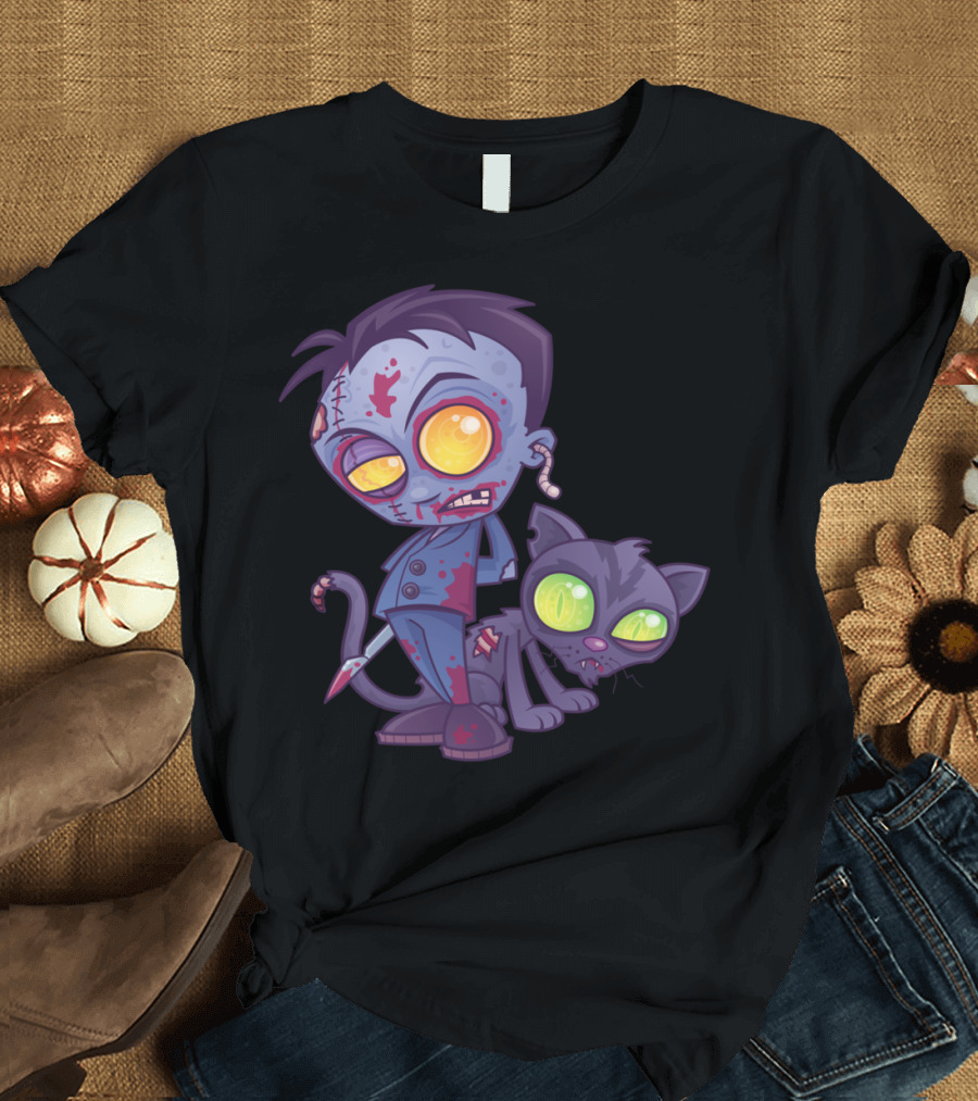 Pet Cemetery Zombie Cartoon with Cat T-Shirt