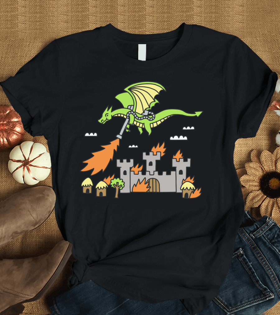 Dragon Breathing Fire on Medieval Castle with Flamethrower T-Shirt