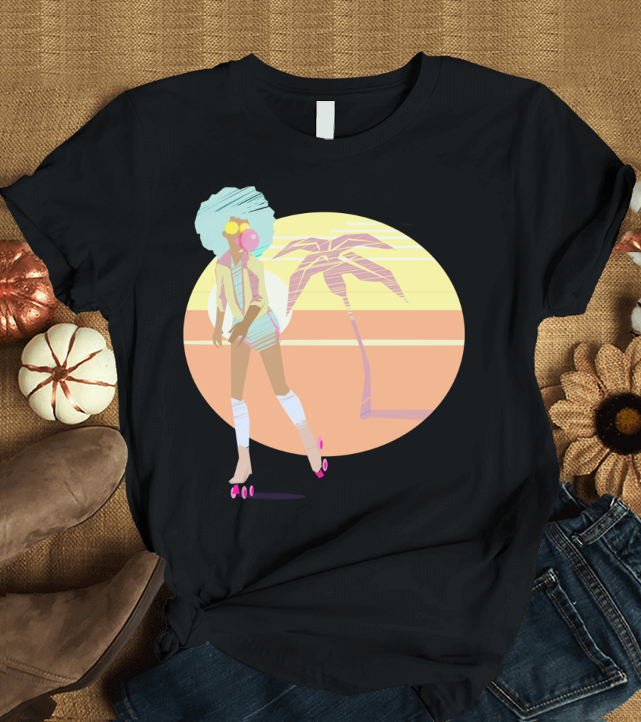 Roller Beach Sunset Vibes Afro Retro Skater with Palm Tree T-Shirt
