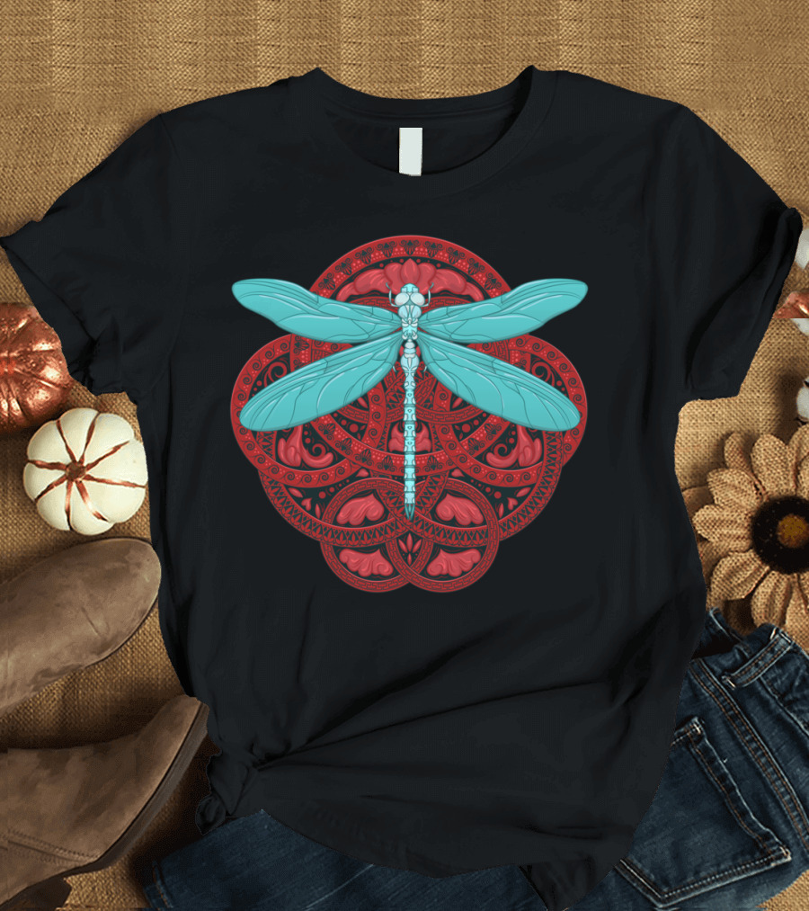 Dragonfly Fire Intricate Red and Blue Mandala T-Shirt
