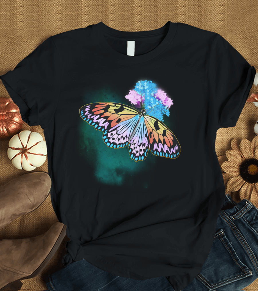 Natural Life Colorful Butterfly on Blue and Pink Flowers T-Shirt