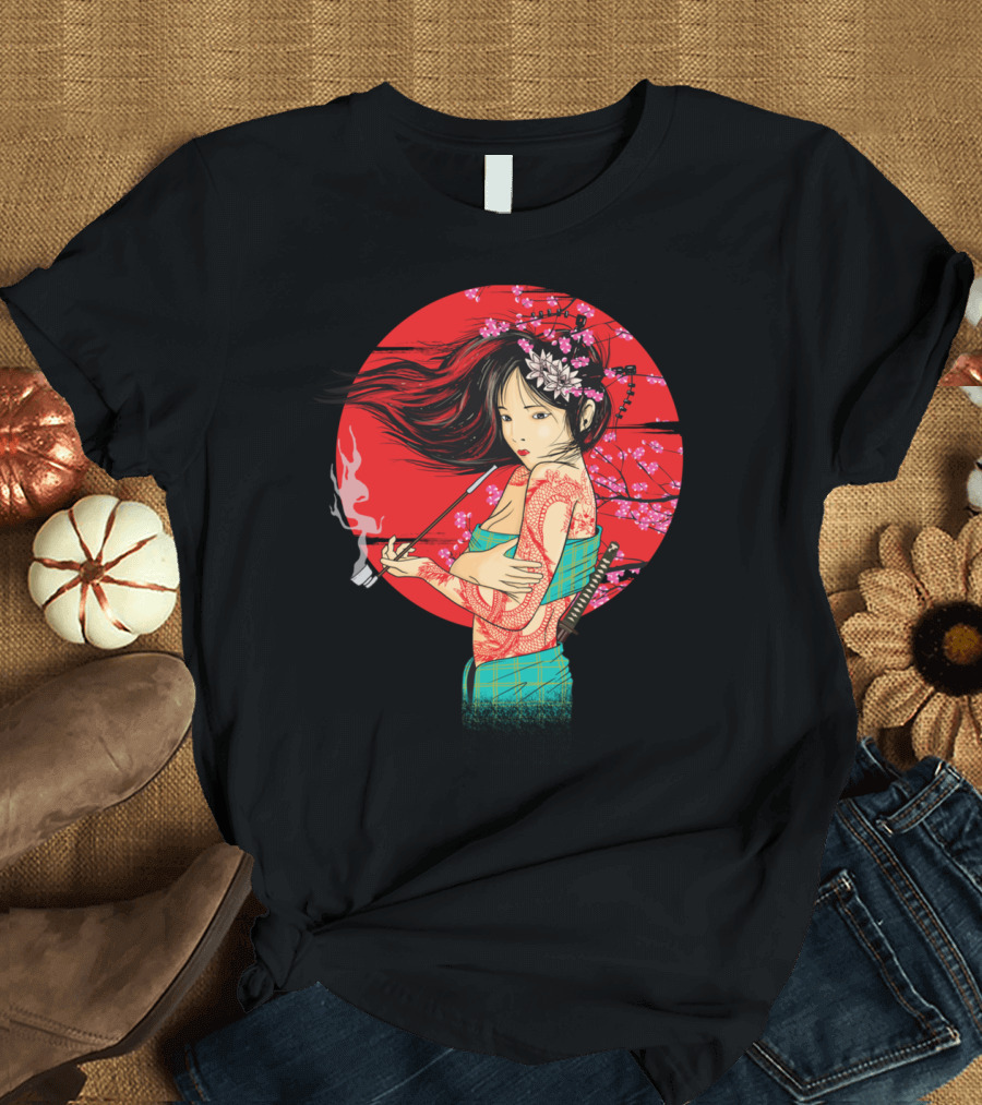 The Geisha Pe Smoking Pipe Cherry Blossoms Samurai Sword Tattoos T-Shirt
