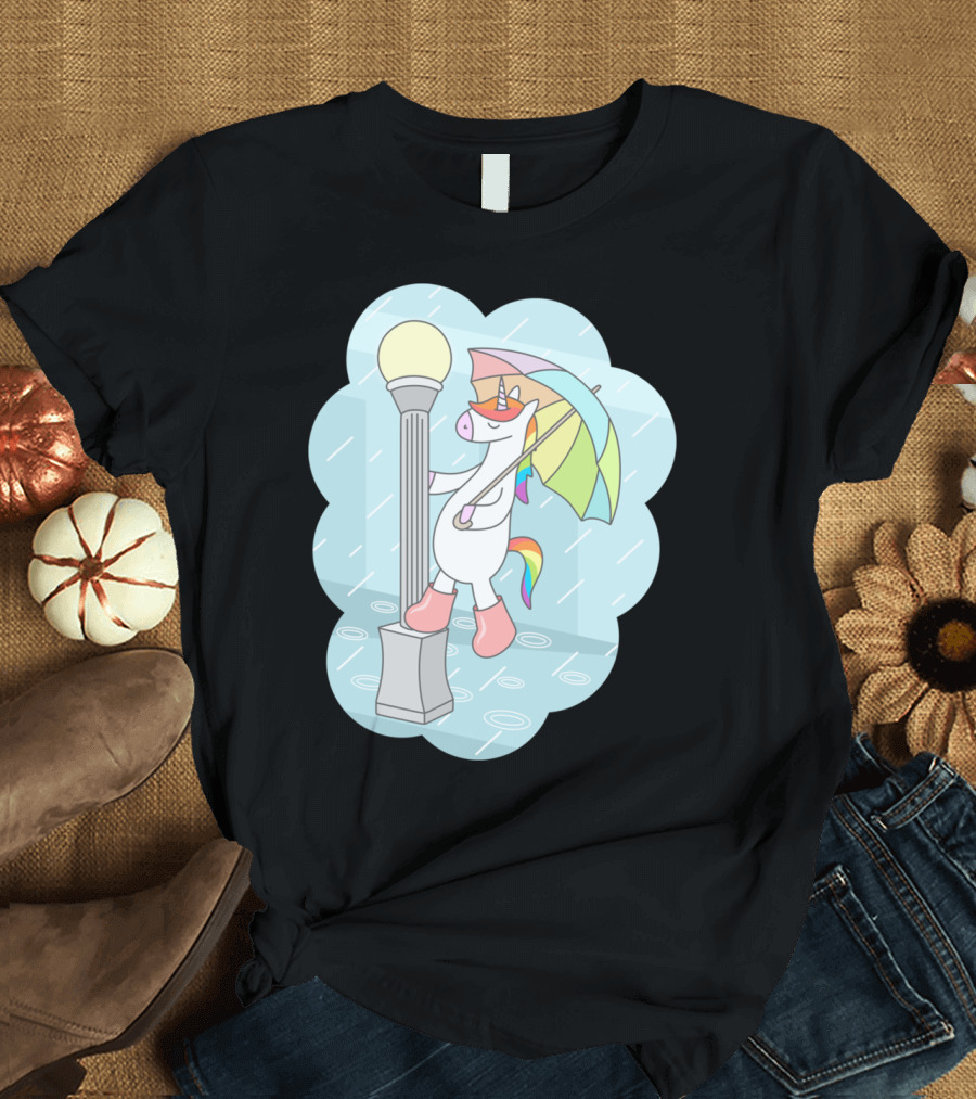 Unicorn Singing in the Rain with Rainbow Umbrella and Boots T-Shirt