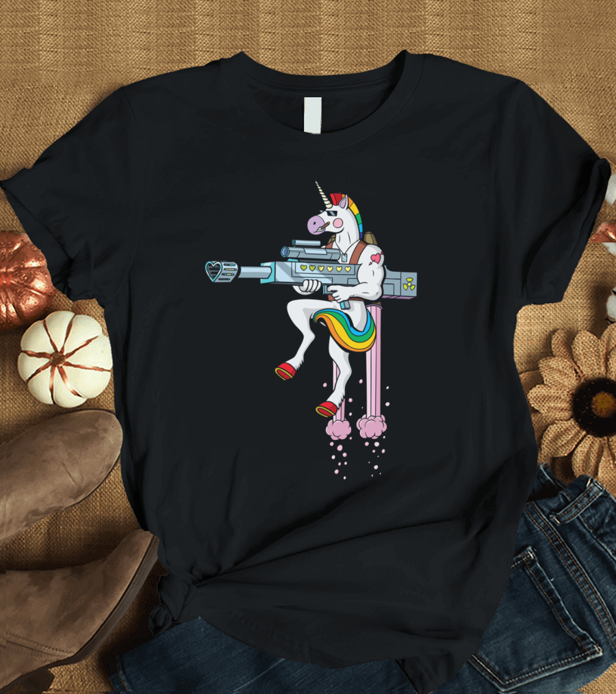 Unicorn Soldier Heart Blaster Jetpack Rainbow Mane T-Shirt
