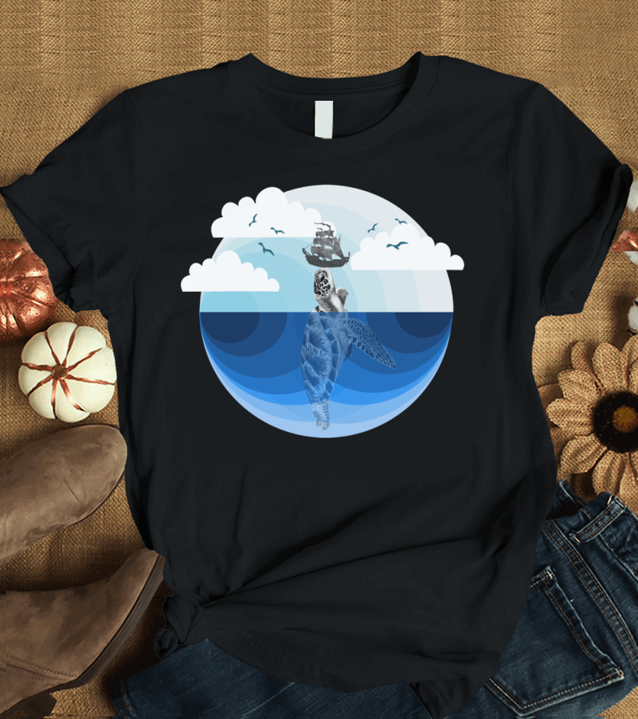 Nature Blues The Giant Turtle Voyage Under Cloudy Sky with Ship T-Shirt