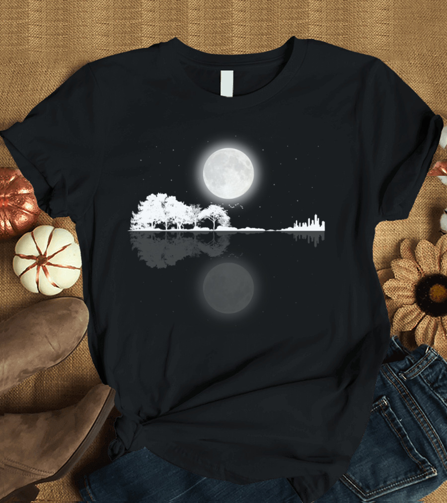 Nature Guitar Night Full Moon Reflection with Forest and Cityscape T-Shirt