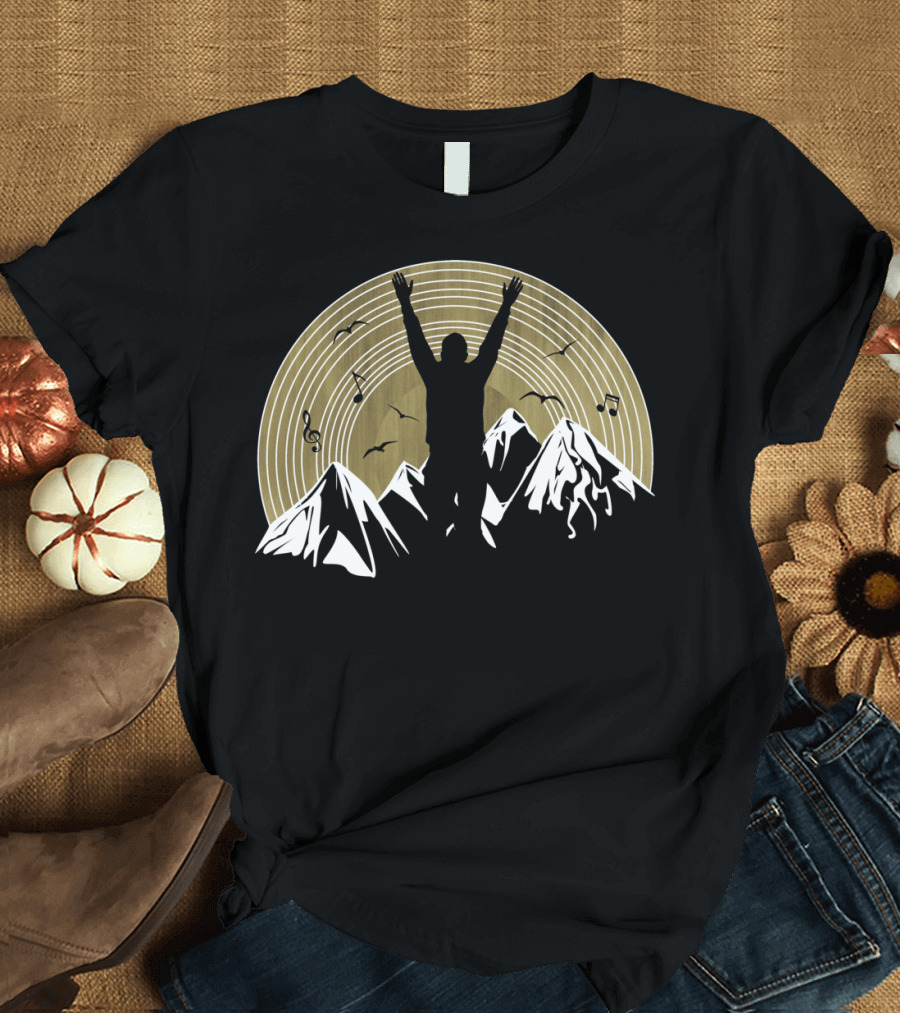 Nature Is A DJ: Silhouette of a DJ with Mountains, Birds, and Musical Notes T-Shirt