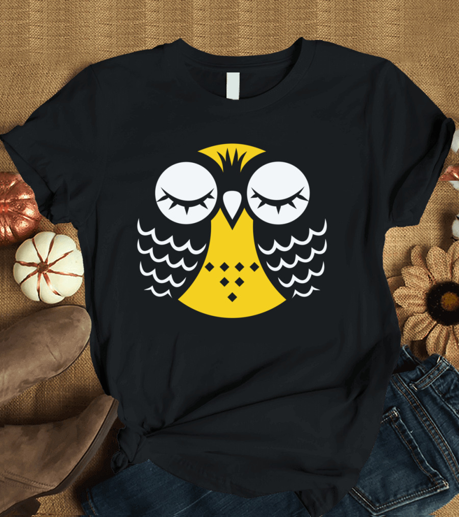 Happy Owl Peaceful Sleepy Eyelashes Yellow Black Feather T-Shirt