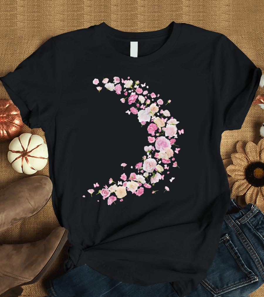 Rosa Pink and White Roses with Butterflies Crescent Shape T-Shirt