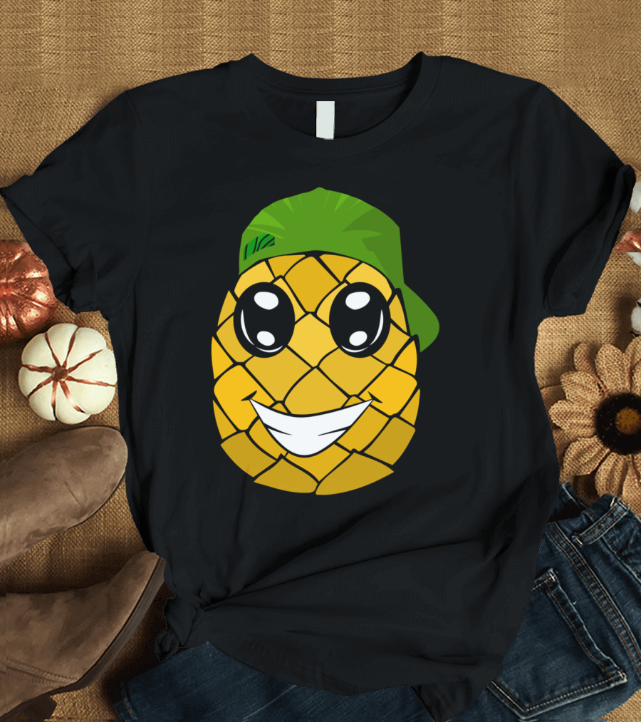 Happy Pineapple Smiling Cartoon Face with Green Cap T-Shirt