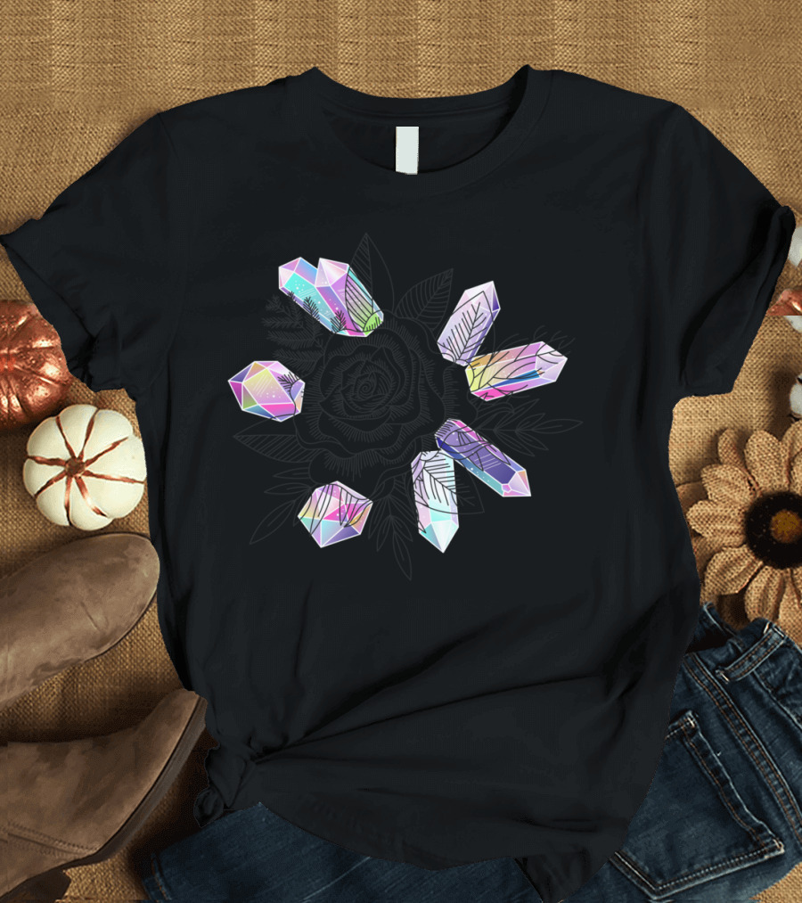 Rose and Multicolored Crystals with Leaf T-Shirt