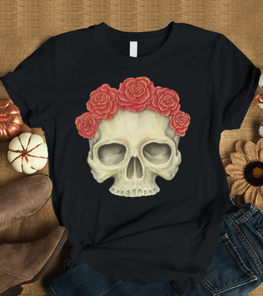 Charm of Existence Skull with Red Roses Crown T-Shirt