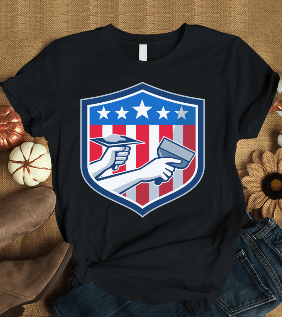 American Flag Shield Hands Holding Drywall Repair Tools T-Shirt