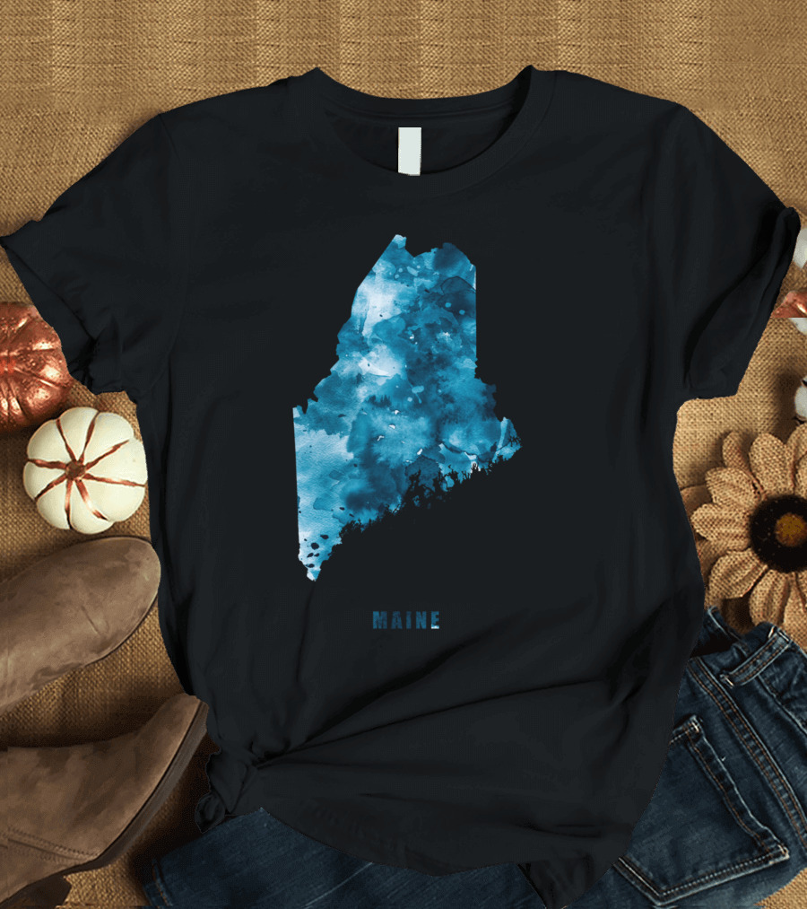 Maine Watercolor Blue Map T-Shirt
