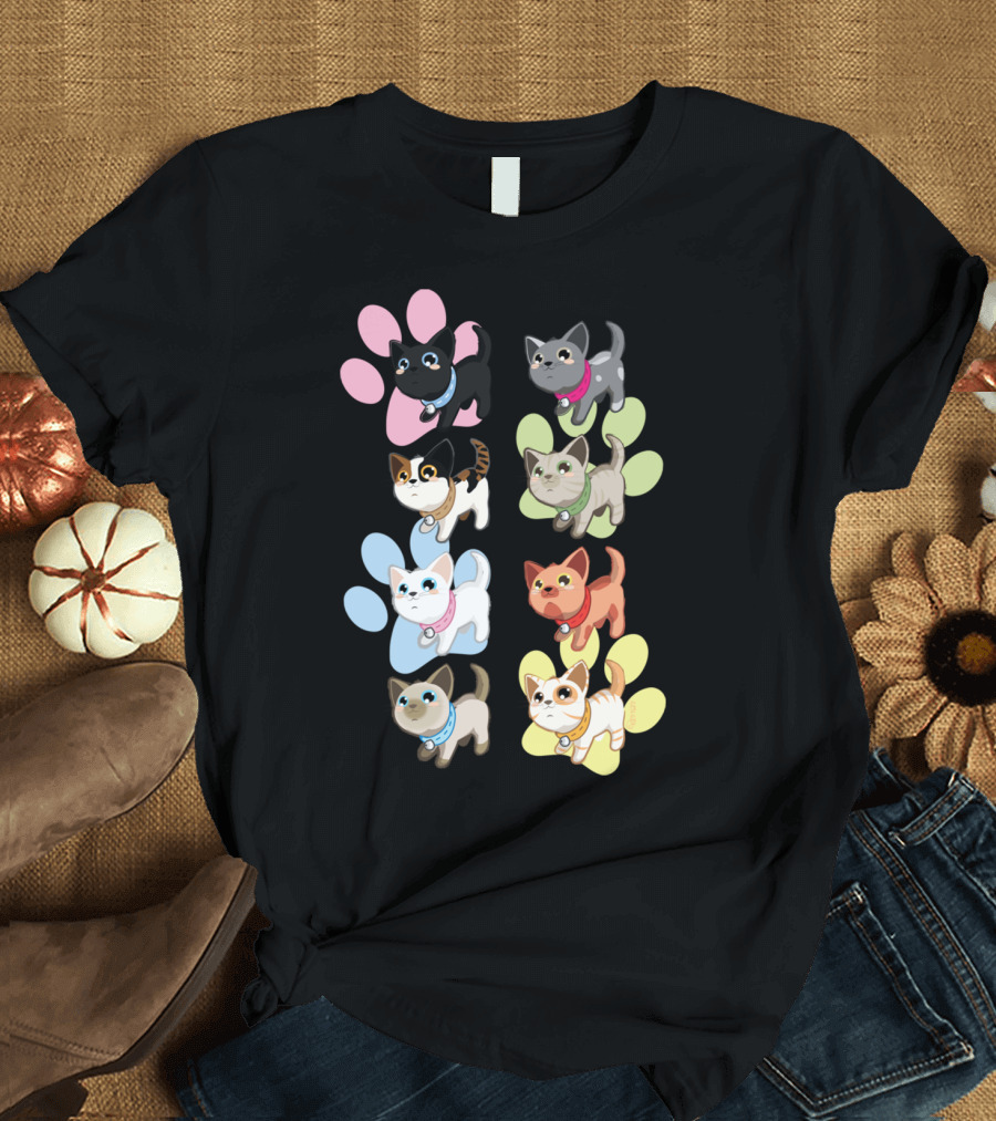 Pussy Cats Adorable Cartoon Kittens on Colorful Paw Prints T-Shirt