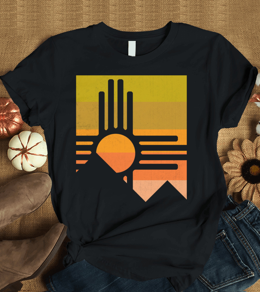 Zia Sun Symbol with Mountain and Sunset Stripes T-Shirt