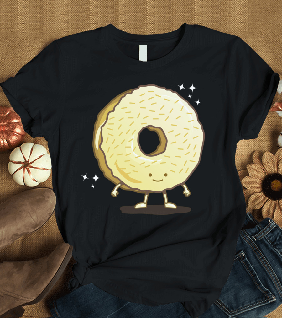 Golden Donut with Sprinkles and Smiling Face Surrounded by Stars T-Shirt