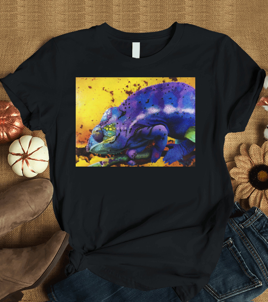 Harmonious Chameleon Ste Vibrant Multicolor Reptile on Yellow and Orange Background T-Shirt