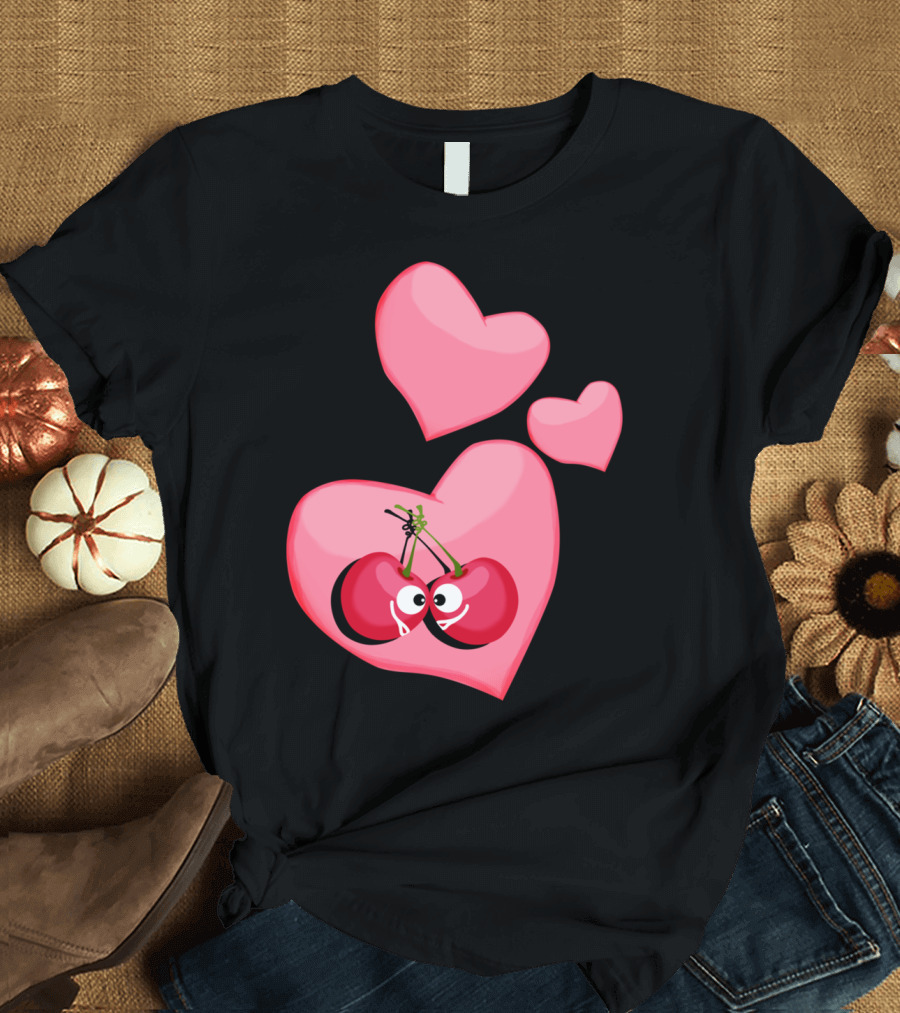 Cherries in Love with Heart Eyes and Pink Hearts T-Shirt