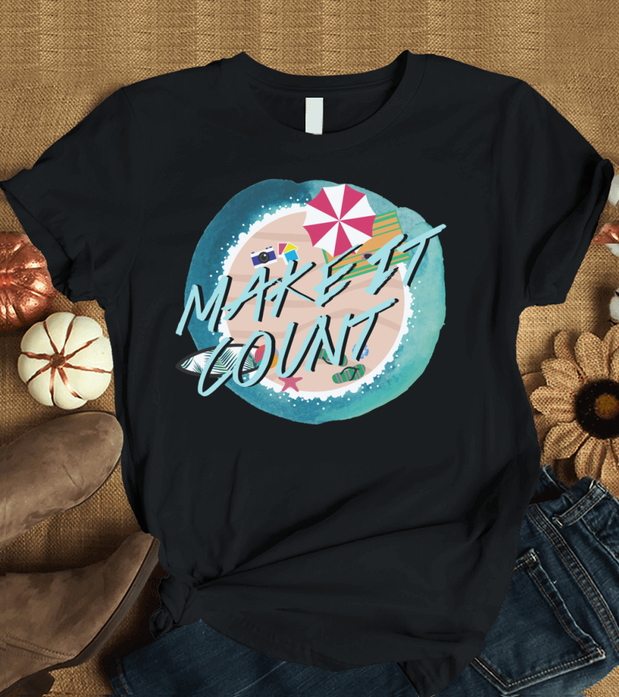 Make It Count Beach Essentials Umbrella Surfboard Camera T-Shirt