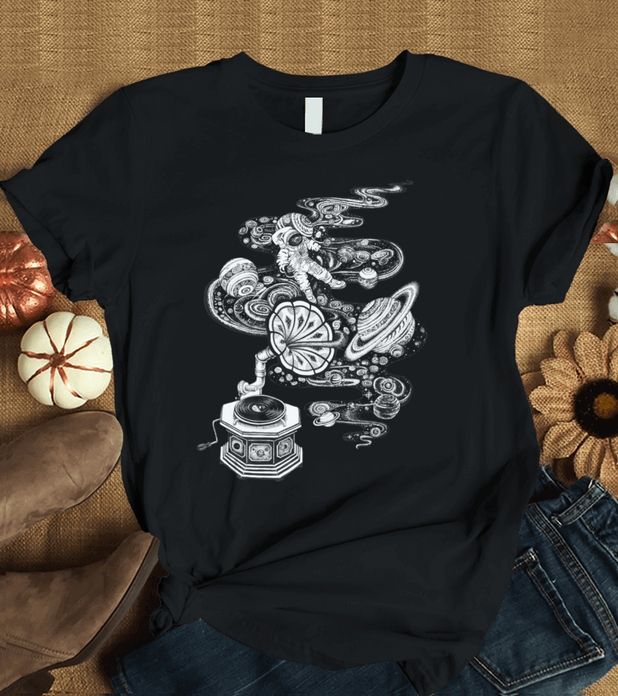 Astronaut Floating Among Planets Emerging from Vintage Gramophone T-Shirt