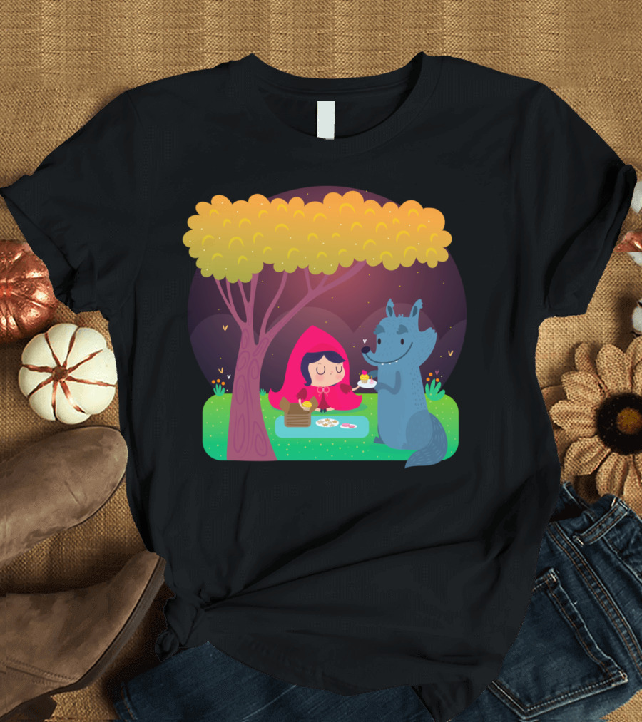 Little Red Riding Hood Picnic with the Wolf Under Golden Tree T-Shirt