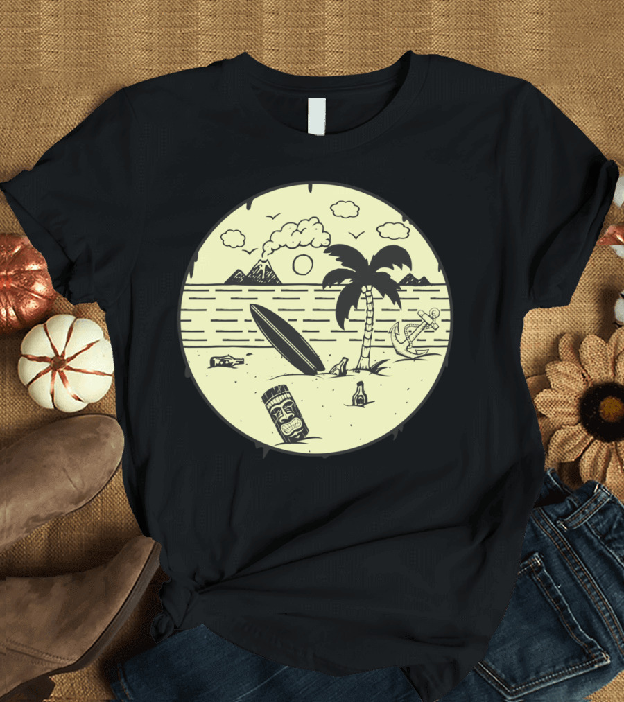 Hawaiian Beach Life Surfboard Palm Tiki Anchor Island Sunset T-Shirt