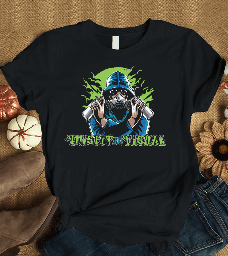 Misfit In Visual Graffiti Artist with Spray Paint and Gas Mask T-Shirt