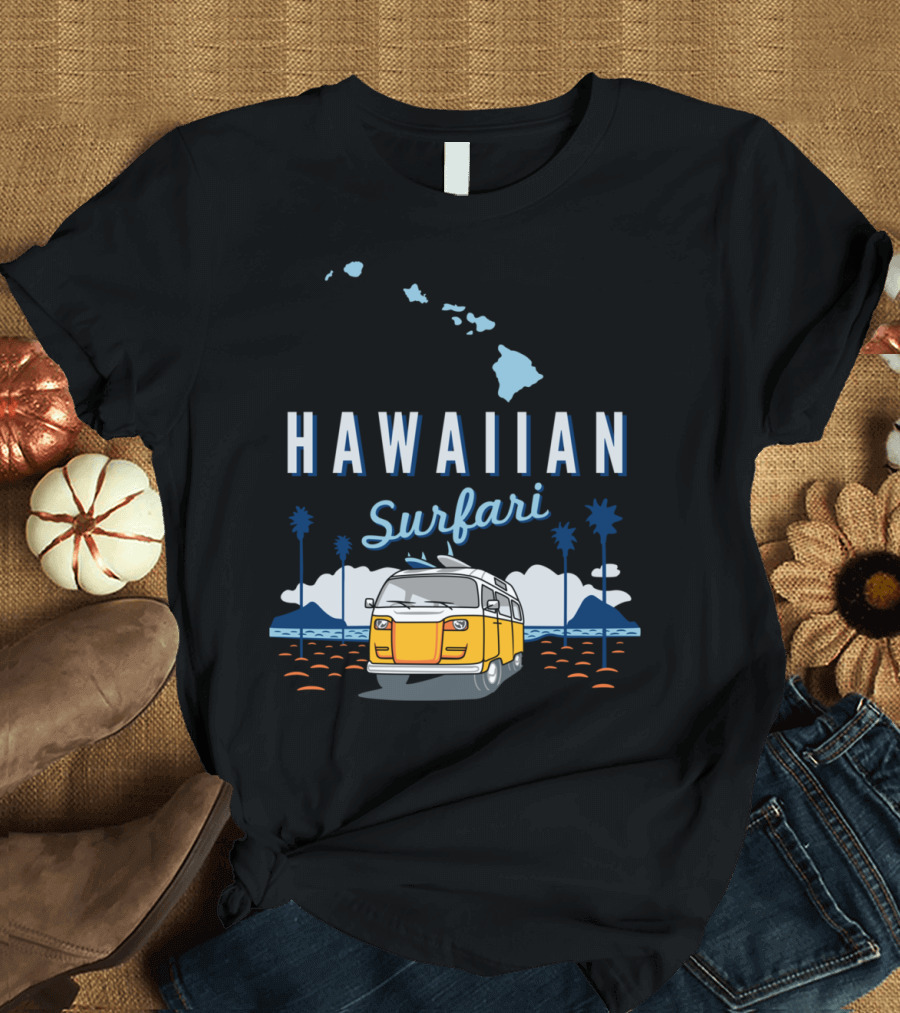 Hawaiian Surfari Van Adventure with Palm Trees and Island Map T-Shirt