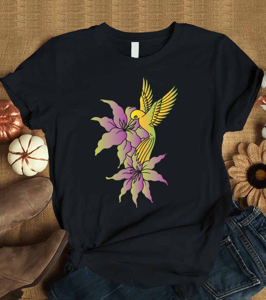 Vintage Loving Bird with Rainbow Hummingbird and Colorful Flowers T-Shirt