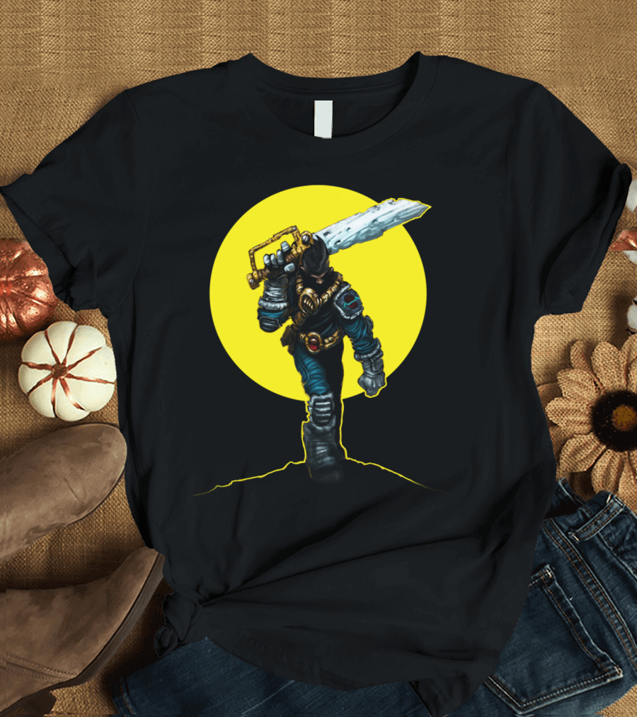 Heroic Sunrise Warrior with Radiant Sword in Yellow Circle T-Shirt