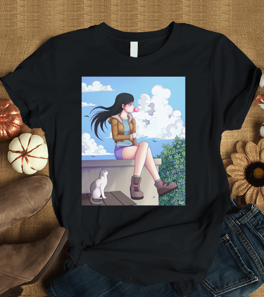 Maru Roug Anime Girl and Cat on Rooftop with Bubblegum and Blue Sky Clouds T-Shirt