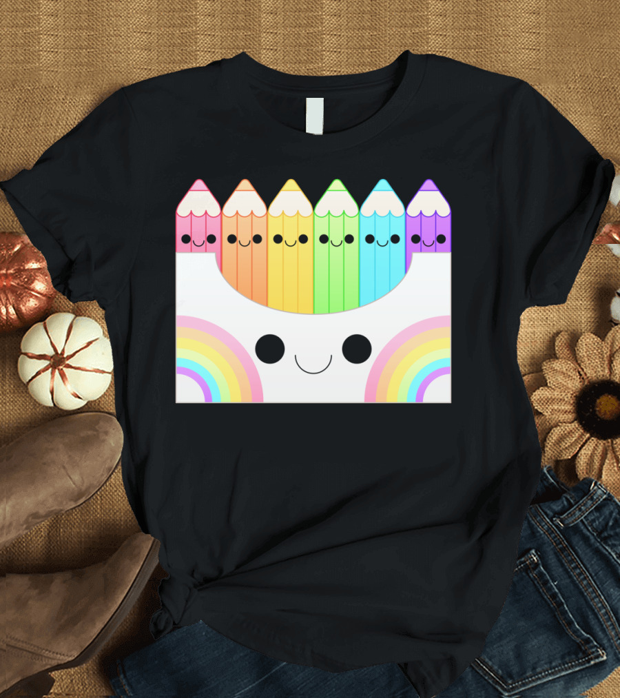 Kawaii Rainbow Pencil Box with Smiling Faces T-Shirt