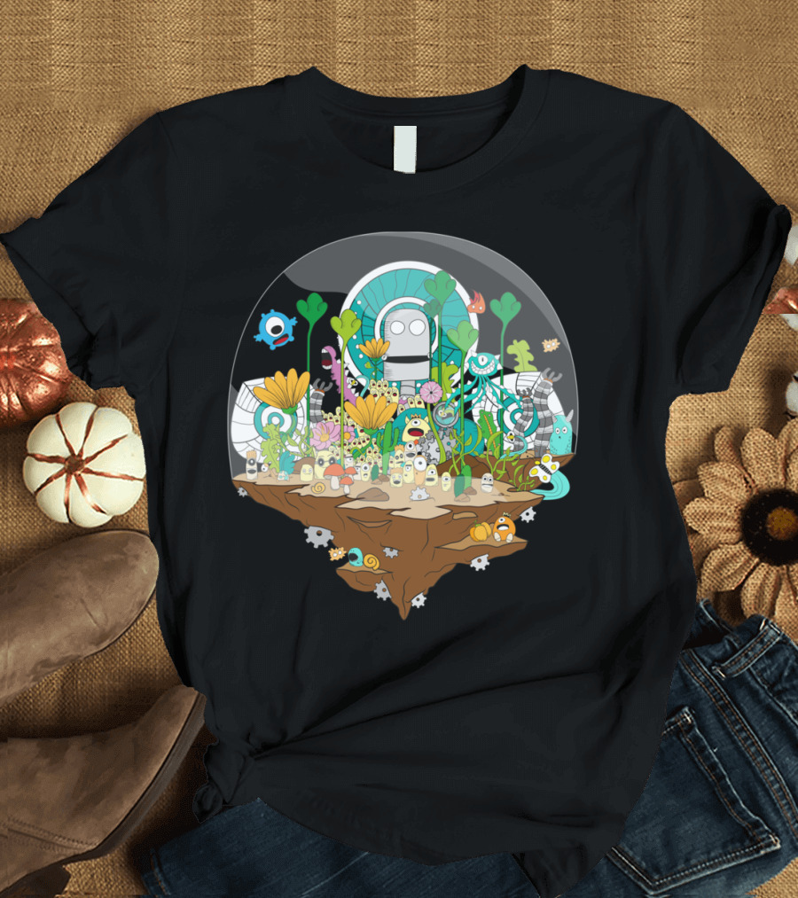 MonsterLand Floating Island Ecosystem with Robot and Colorful Creatures T-Shirt