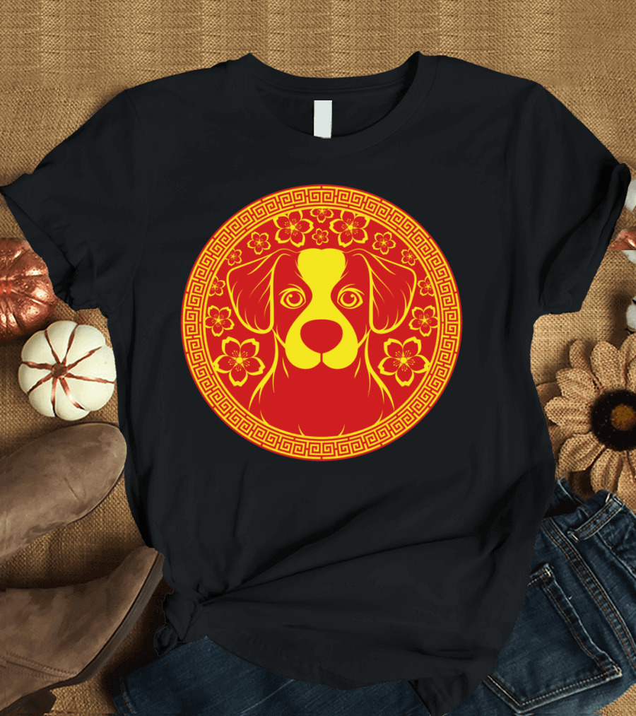 Marun Dog Chinese Zodiac Floral Circle T-Shirt