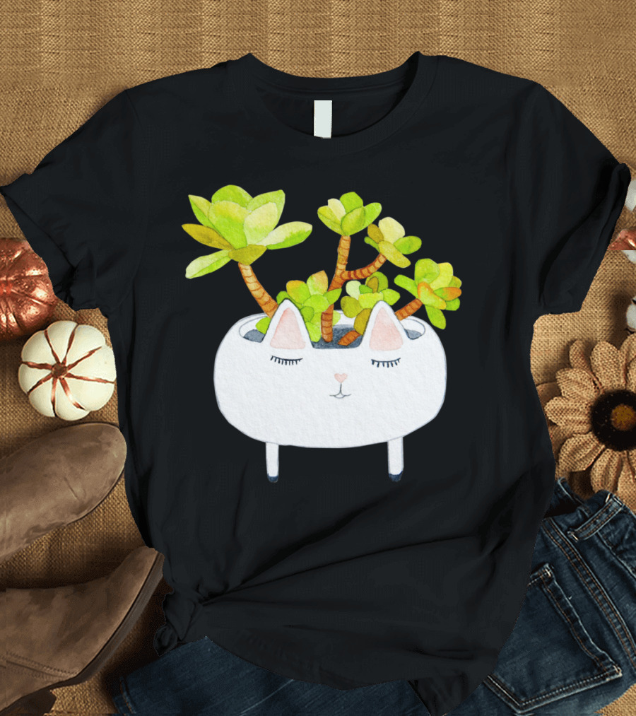 Kawaii Succulent Cat Planter with Green Leaves T-Shirt