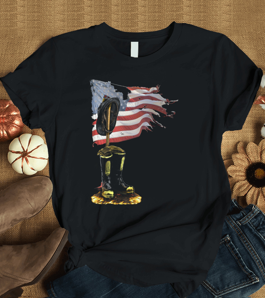 Fallen Firefighter Tribute America Flag and Boots T-Shirt