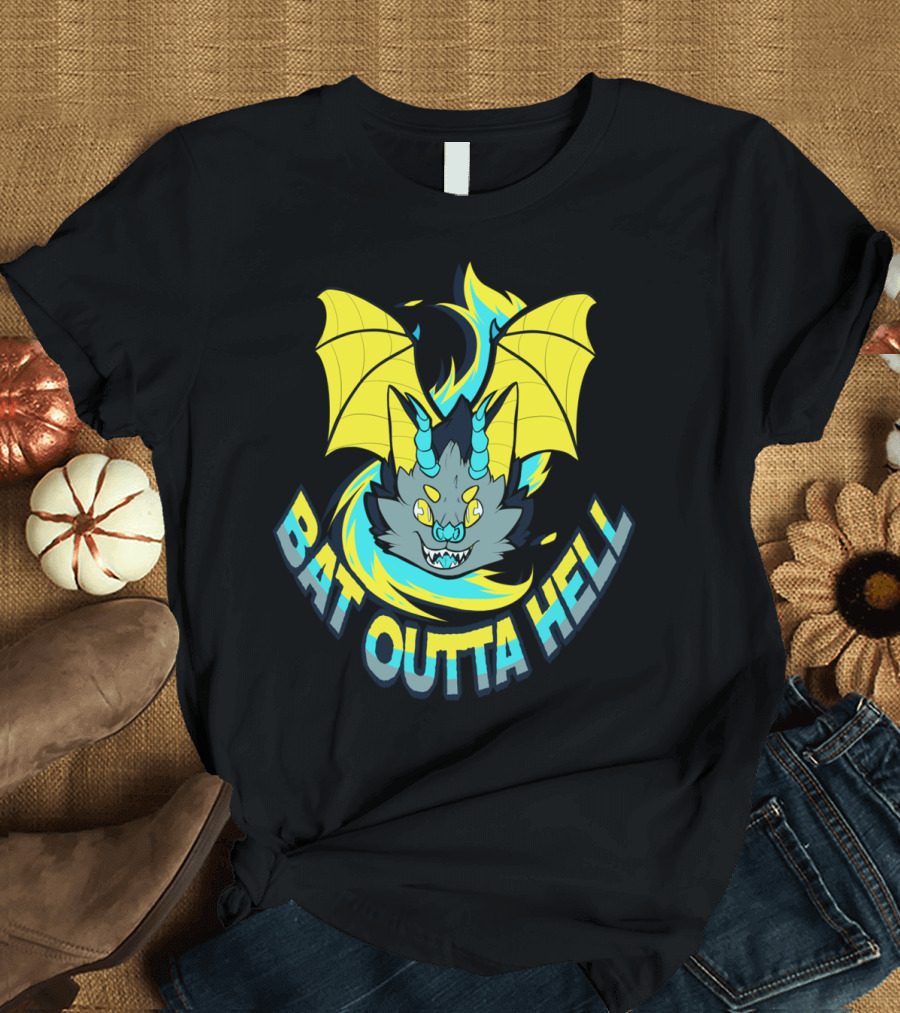 BAT OUTTA HELL Yellow Winged Creature with Neon Blue Flames T-Shirt