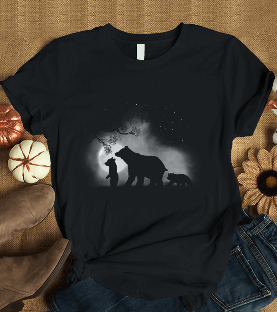 Family Bear Moonlit Silhouette Forest Night Scene T-Shirt
