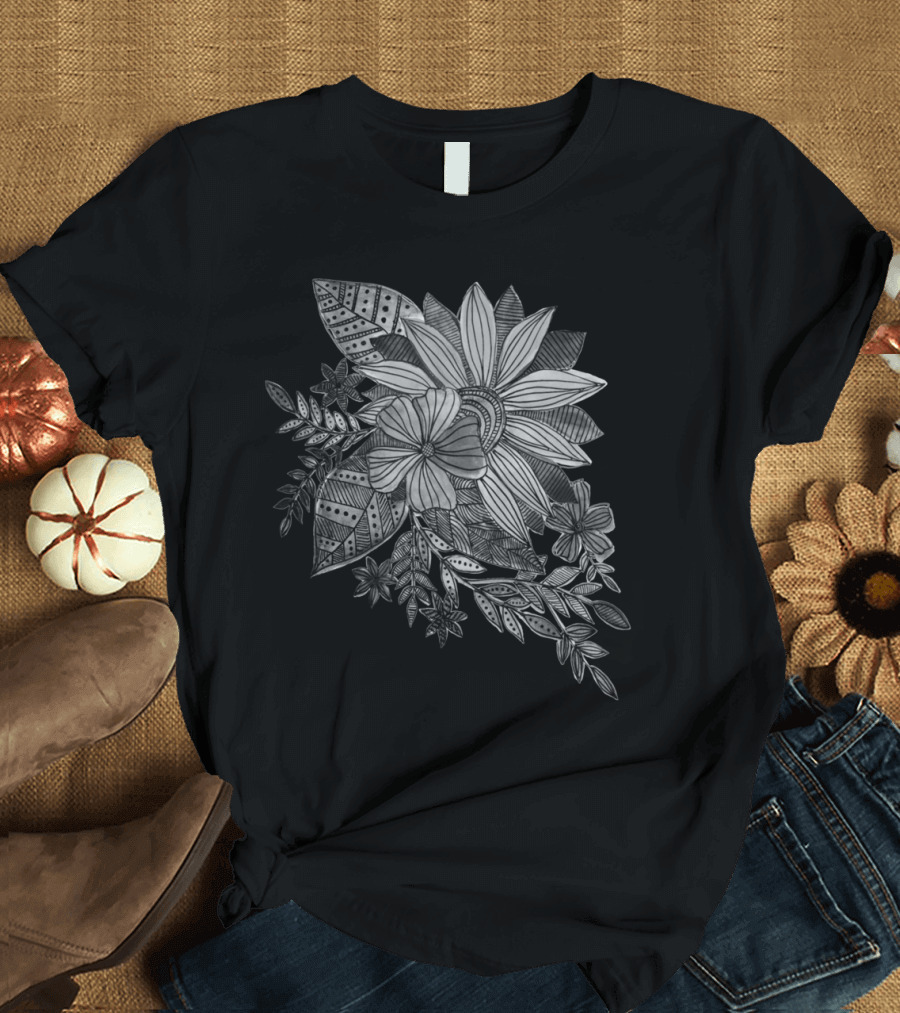 Watercolor Sunflowers with Intricate Black and White Floral T-Shirt