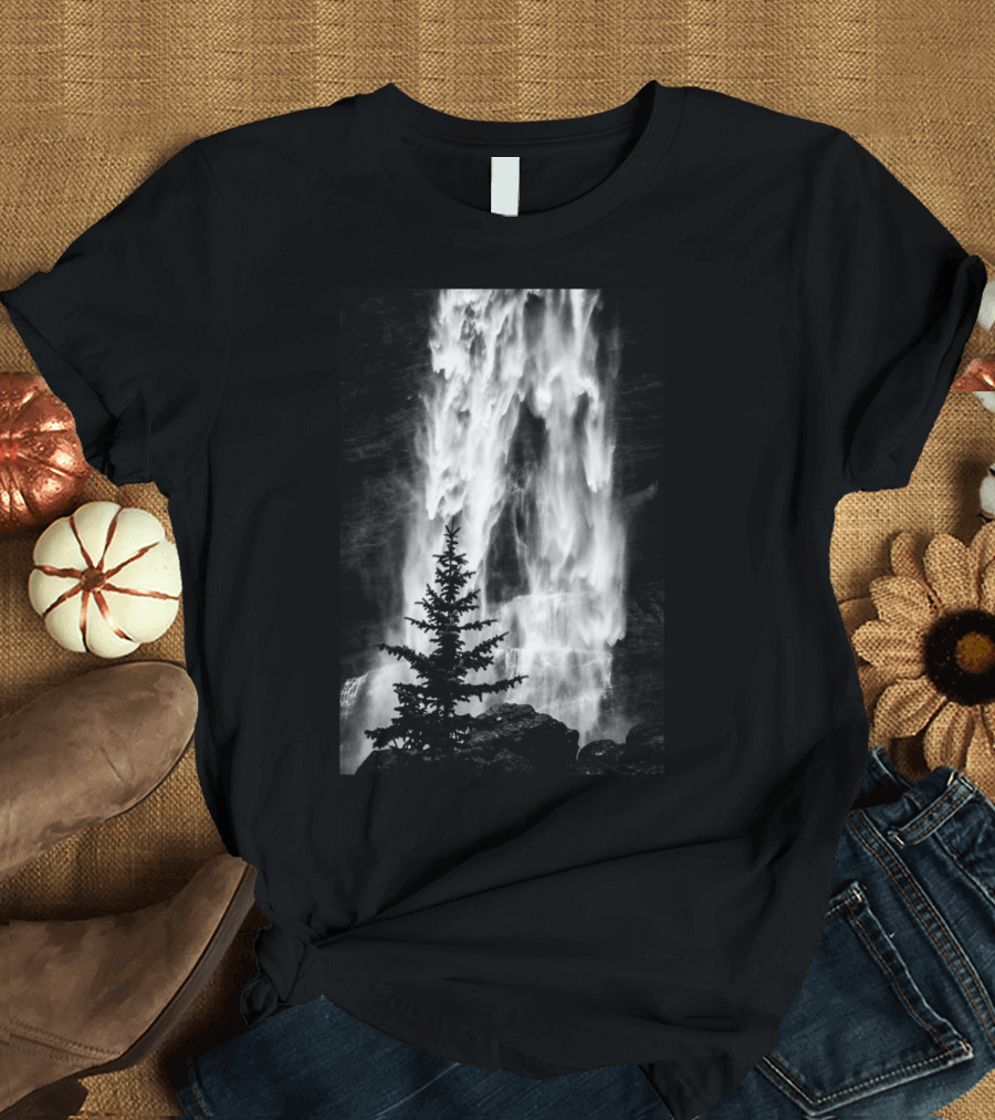 Waterfall Tree Landscape Black and White Photography T-Shirt