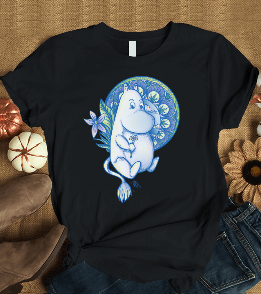 Moomintroll Character with Floral Elements and Decorative Circular Motif T-Shirt